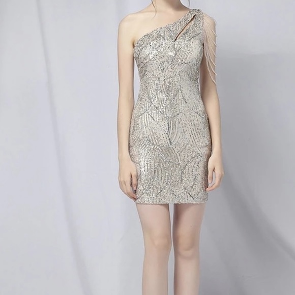 NWT One Shoulder Sequins Nude Dress - Picture 5 of 10